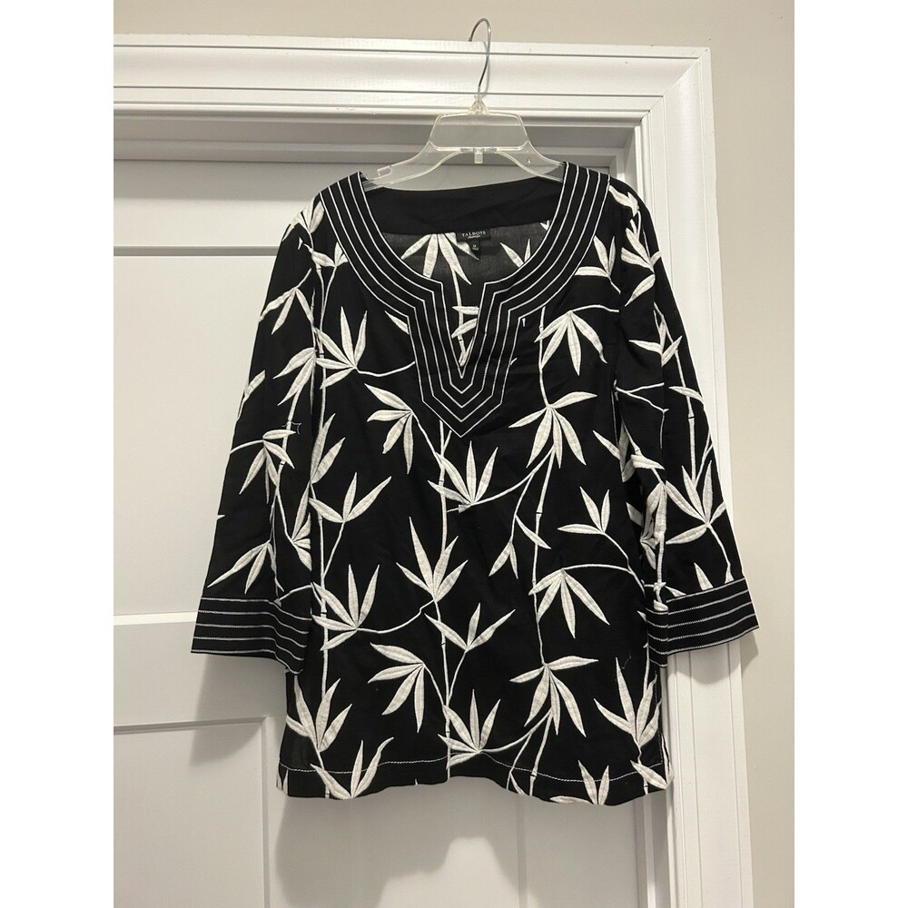 Talbots Black White Leaves Pullover Tunic Top Embroidery Size 12 Beach Preppy